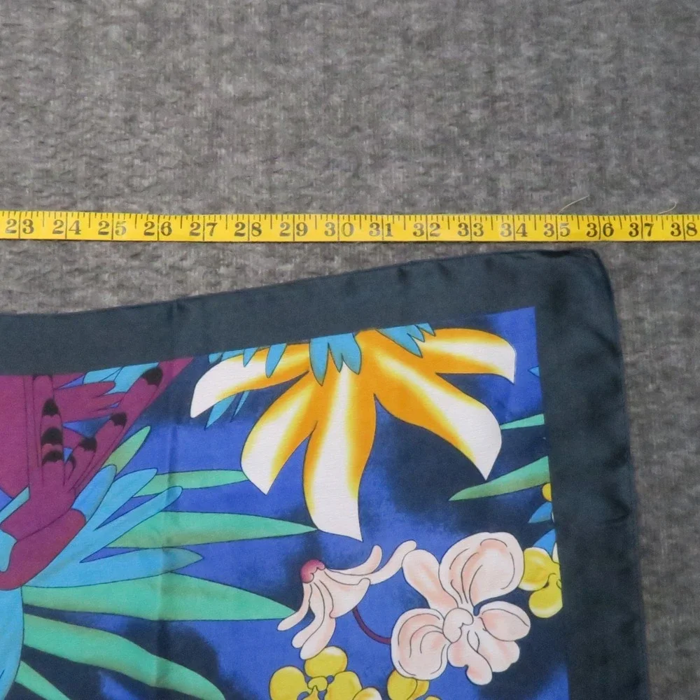 Vintage‎ Silk Scarf Birds Floral Blue Flamingo Butterflies Tropical Boho Island